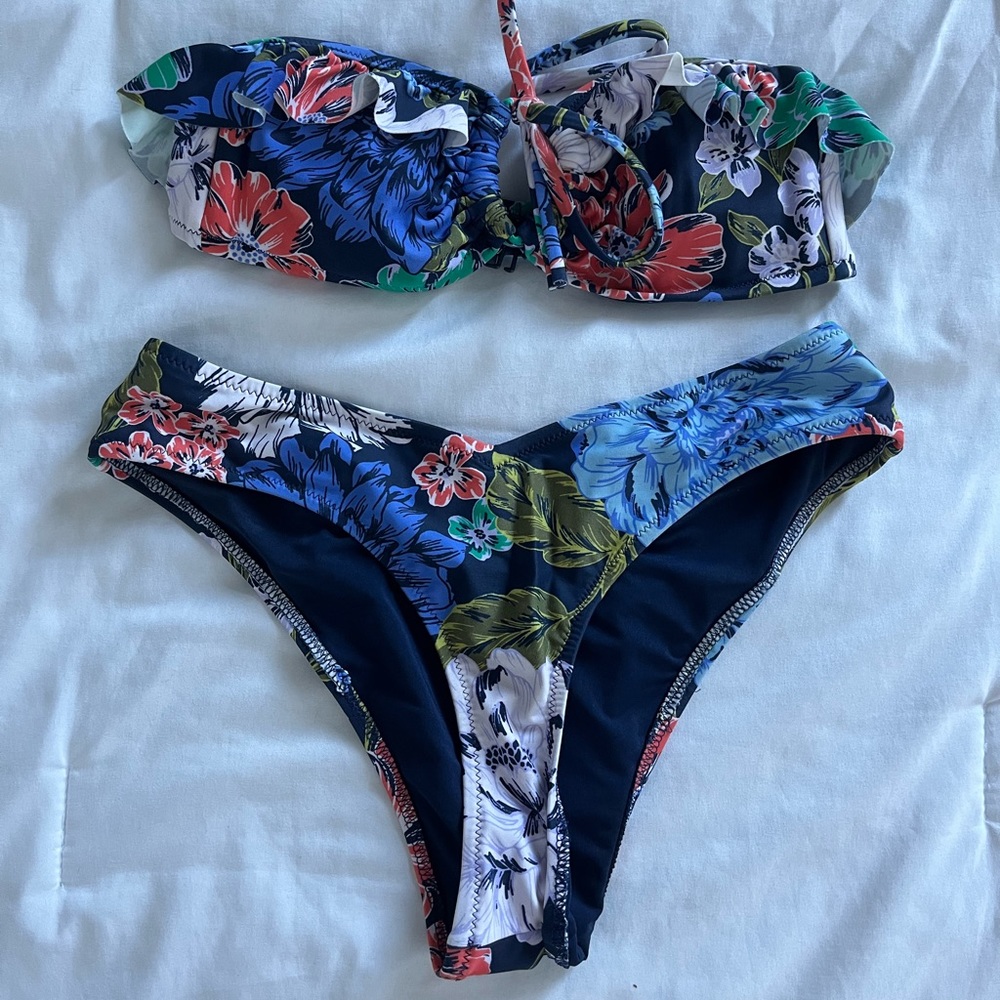 Aerie Navy Blue Floral Bandeau Bikini Swimsuit Set